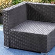 Dark Brown Rattan Wicker 6 Seat 8-Piece Steel Outdoor Fire Pit Patio Set with Blue Cushions and Rectangular Fire Pit