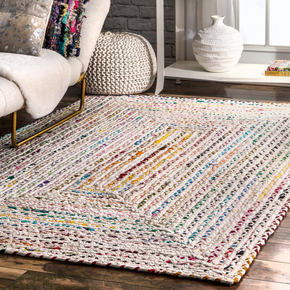 Ivory and Multicolor Braided Cotton Oval Rug 8' x 10'