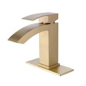 Single-Handle Single-Hole Waterfall Bathroom Sink Faucet Brass Vanity Taps with Deckplate Included in Brushed Gold