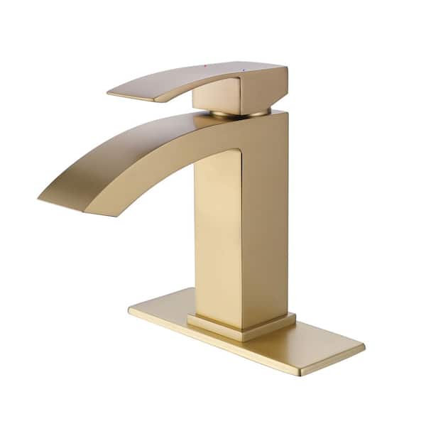FLG Single-Handle Single-Hole Waterfall Bathroom Sink Faucet Brass Vanity Taps with Deckplate Included in Brushed Gold