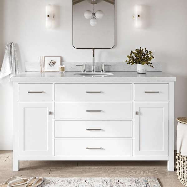 ARIEL Bristol 61 in. W x 22 in. D x 36 in. H Freestanding Bath Vanity in White with White Marble Top