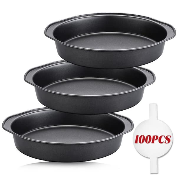 3-Piece 8 in. Round  Carbon Steel Cake Pans with 100-Piece Parchment Paper, Nonstick, Dishwasher Safe