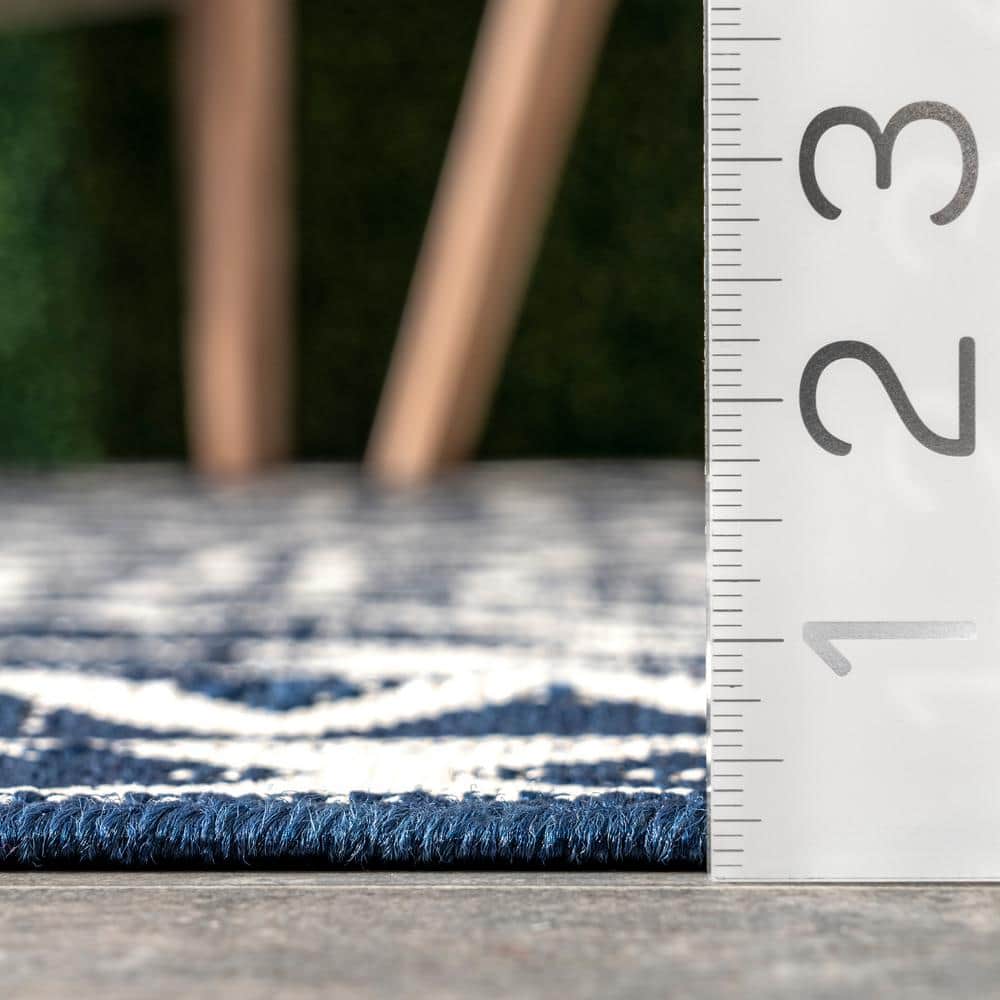 Navy and Ivory Synthetic Diamond Pattern Runner Rug, 2' x 8'