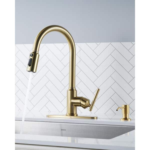 Single Handle Pull Down Sprayer Kitchen Faucet in Gold, Stainless Steel Kitchen Faucet with Soap Dispenser