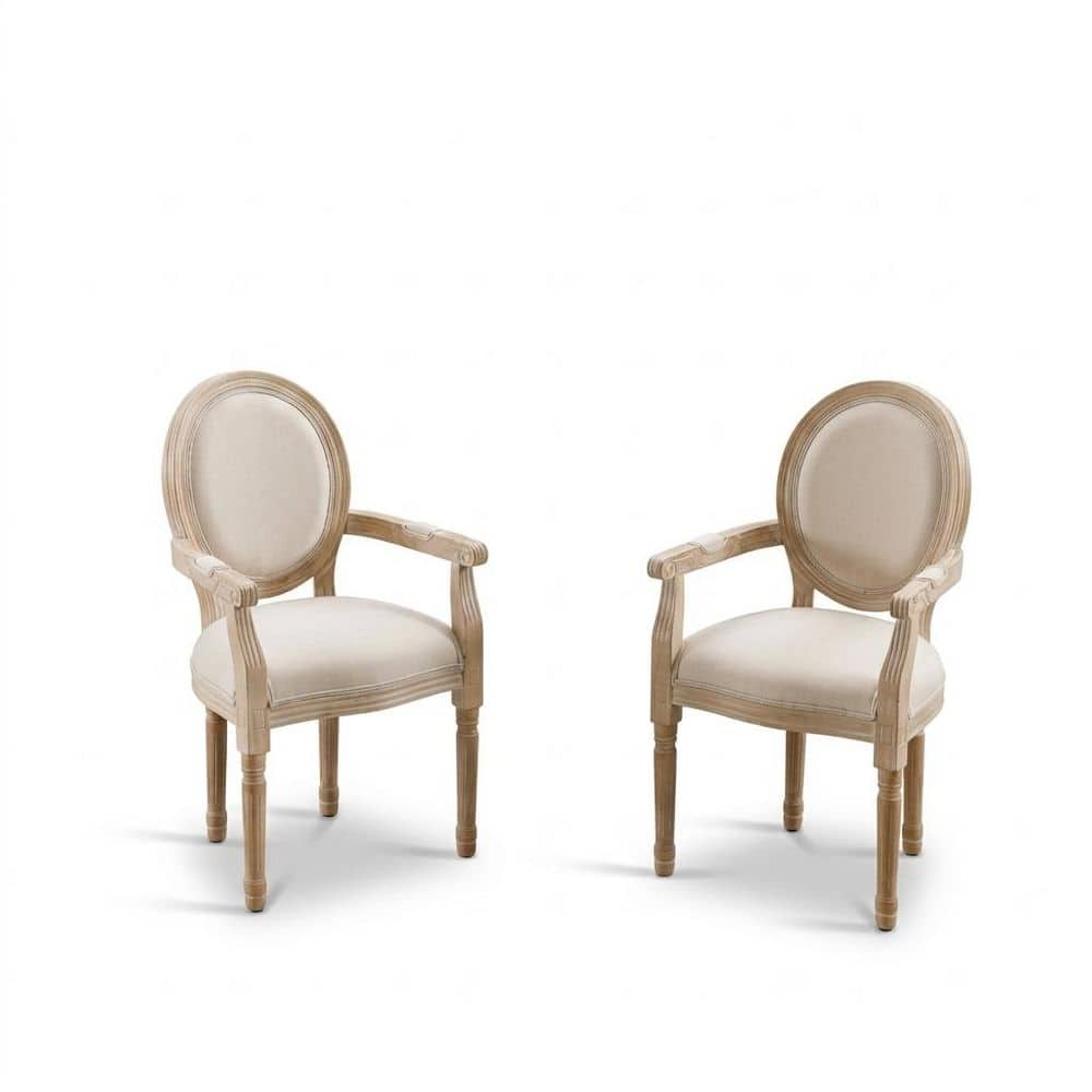 French Country Natural and Beige Linen Upholstered Dining Chairs with Rubberwood Legs and Cushioned Seats, (Set of 2)