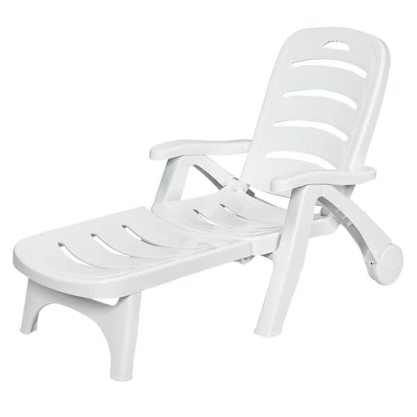 Costway Pastoralism 1-Piece Plastic Outdoor Chaise Lounge White Adjustable Folding with Wheels