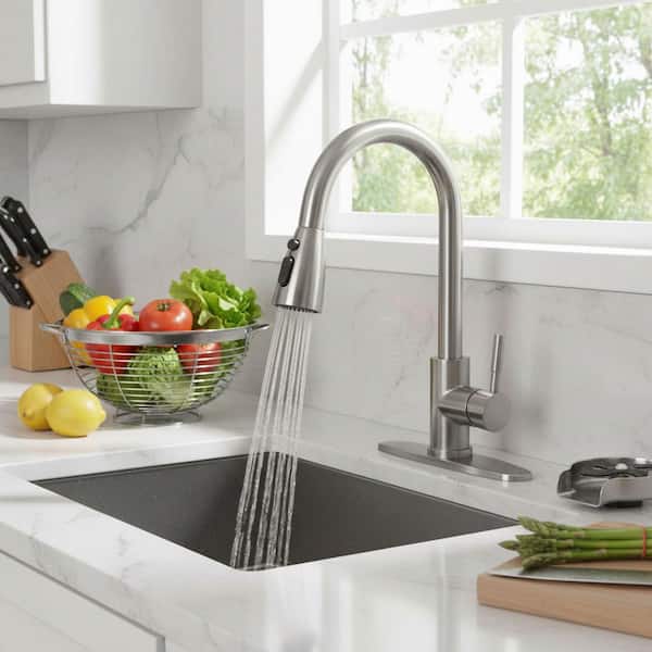 Stainless Steel Single Handle Pull Down Sprayer Kitchen Faucet with 3-Modes Sprayer and Glass Rinser in Brushed Nickel