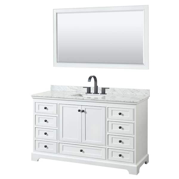 Wyndham Collection Deborah 60 in. W x 22 in. D x 35 in. H Single Bath Vanity in White with White Carrara Marble Top and 58 in. Mirror