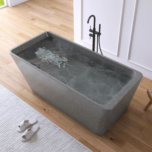 65 in. x 30 in. Terrazzo Stone Solid Surface Flatbottom Freestanding Soaking Bathtub in Gray (Outdoor-Compatible)
