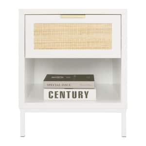 Natural Rattan 1-Drawer White Nightstand Bedroom Sofa Side Table Bedside Furniture 21.9 in. H x 17.8 in. W x 16 in. D