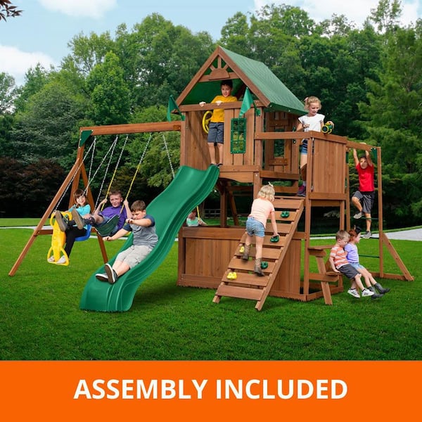 Professionally Assembled Knightsbridge Plus Wooden Outdoor Playground Set with Slide, Rock Wall, Swings, and Monkey Bars