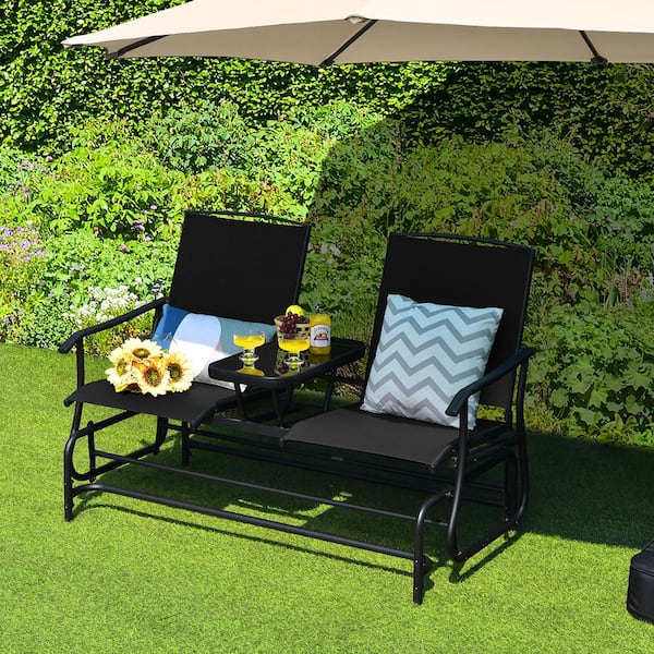 SUNRINX 1-Piece Metal Patio Conversation Rocking Loveseat with Mesh Fabric and Center Tempered Glass Table-Black