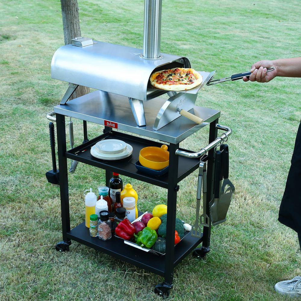 Adjustable 3-Tier Black and Stainless Steel Outdoor Grill Cart