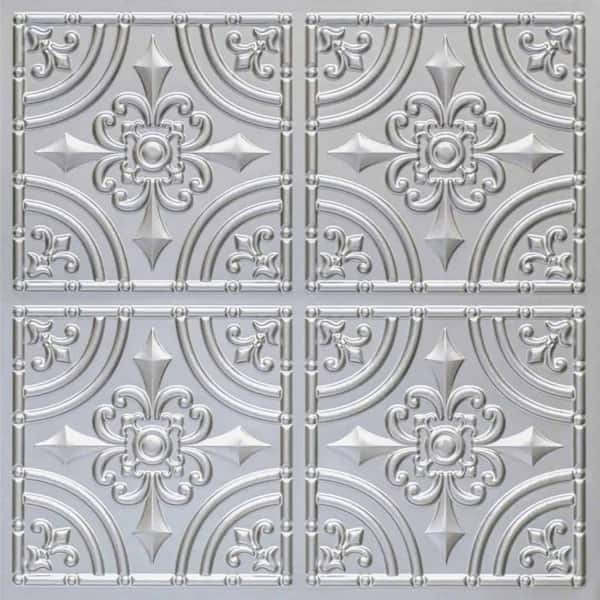 FROM PLAIN TO BEAUTIFUL IN HOURS Wrought Iron Silver 2 ft. x 2 ft. Glue Up PVC Faux Tin Ceiling Tile (100 sq. ft./case)