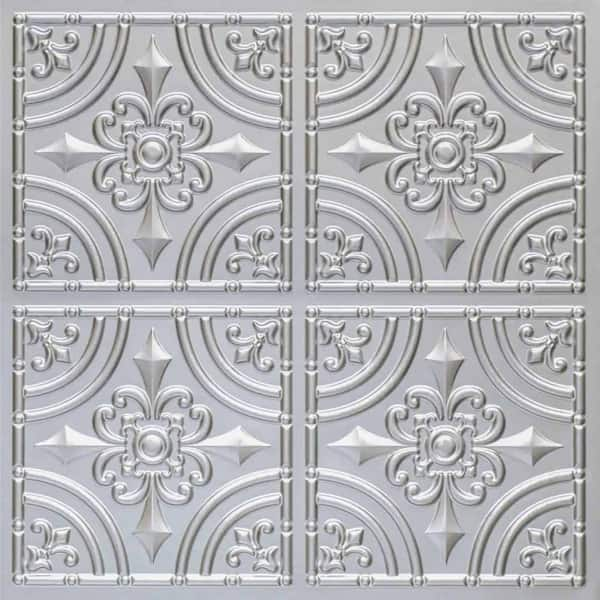 FROM PLAIN TO BEAUTIFUL IN HOURS Wrought Iron Silver 2 ft. x 2 ft. Glue Up PVC Faux Tin Ceiling Tile