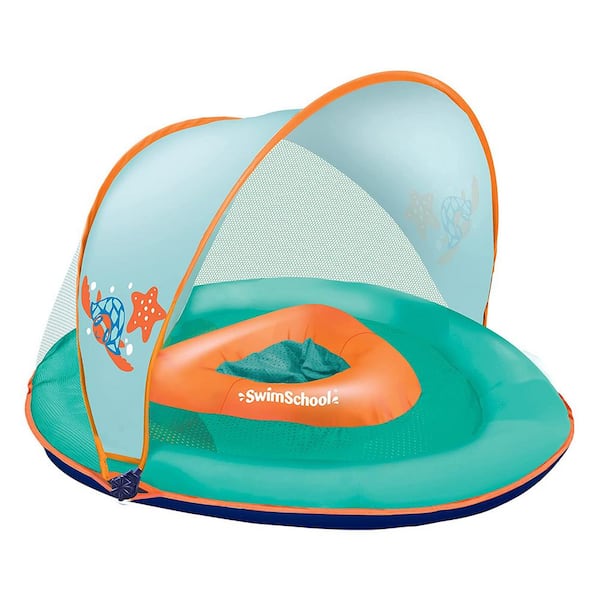 SWIMSCHOOL Orange Baby Boat Float with Adjustable Safety Seat and Sun Shade Canopy
