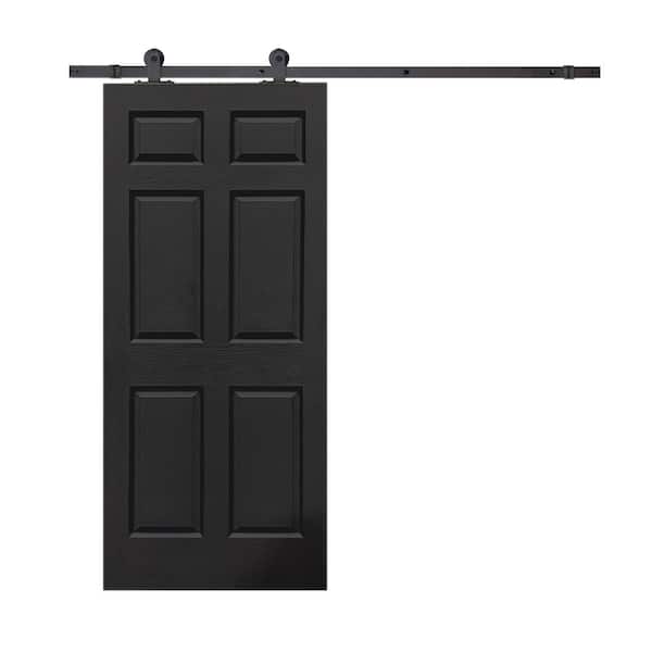 CALHOME 30 in. x 80 in. Black Painted Composite MDF 6-Panel Interior Sliding Barn Door with Hardware Kit