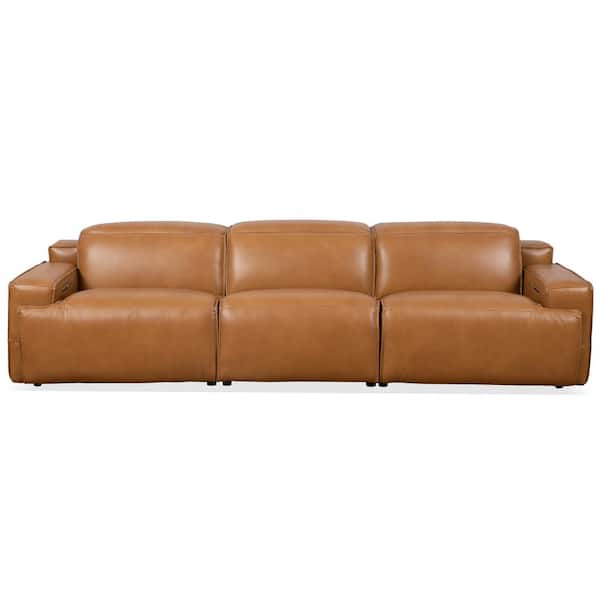 Aubrey 120 in. W Top Grain Leather Triple Power Recliner Sofa in Tan