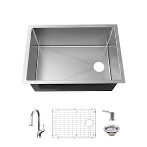 Tight Radius 27 in. Undermount Single Bowl 18 Gauge Stainless Steel Kitchen Sink with Pull-Down Faucet