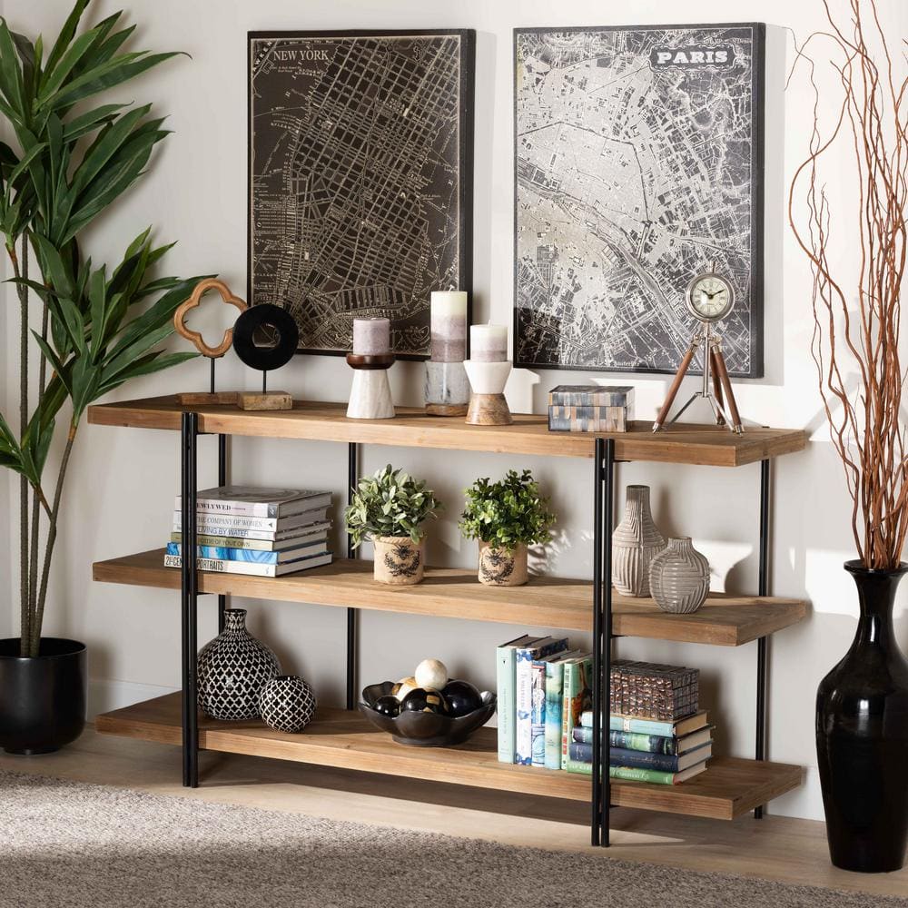 Natural Brown and Black Wood Metal Console Table with Storage