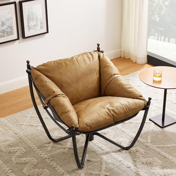 Art Leon Peculiar Design Brown Genuine Leather Lounge Accent Chair with Metal Legs