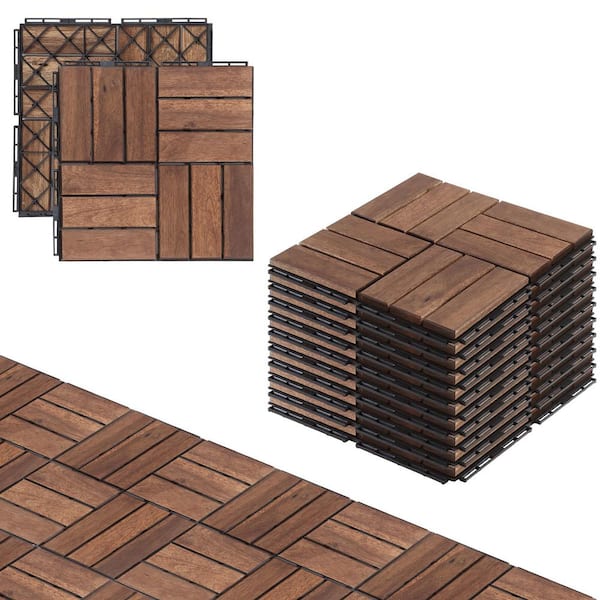 Huluwat 12 in. x 12 in. Square Solid Wood Checker Pattern Patio Deck Tiles, Brown (10-Pieces)