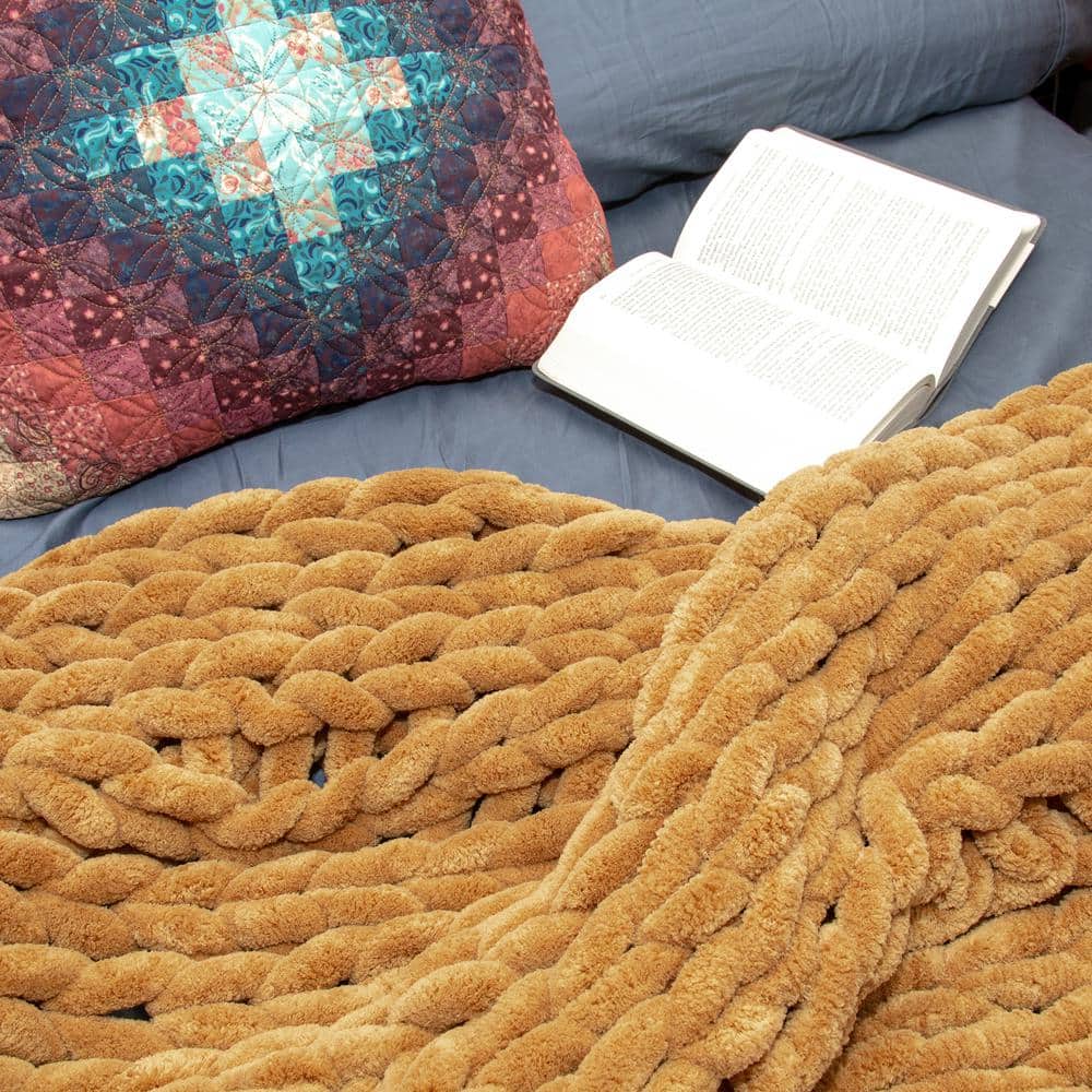 Chunky Gold Chenille Knitted Reversible Throw Blanket