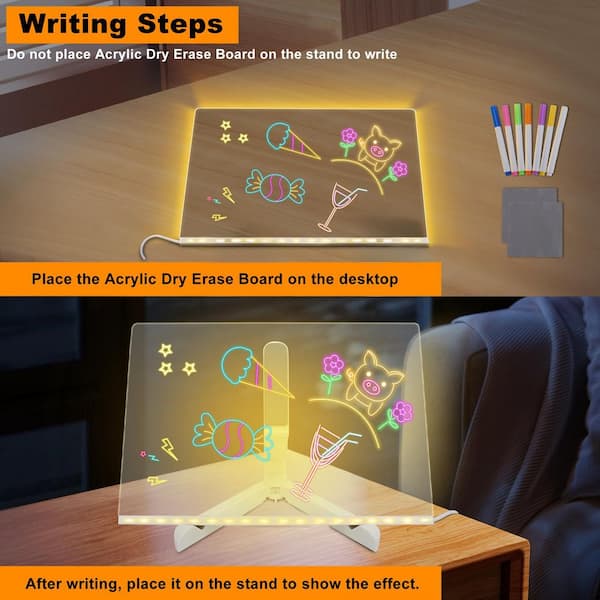Acrylic LED Light Up Dry Erase Board with 7 Colorful Markers and