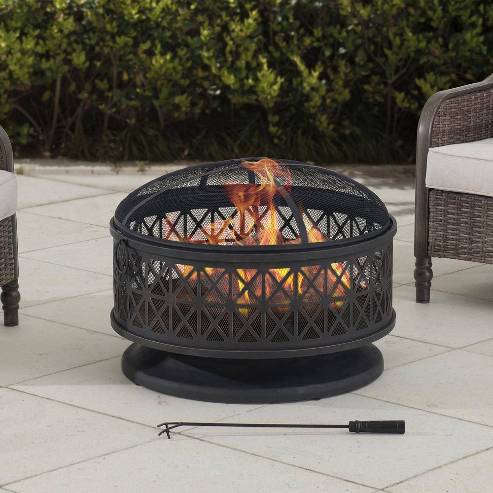 30 Inch Black Steel Outdoor Fire Pit with Spark Screen and Poker