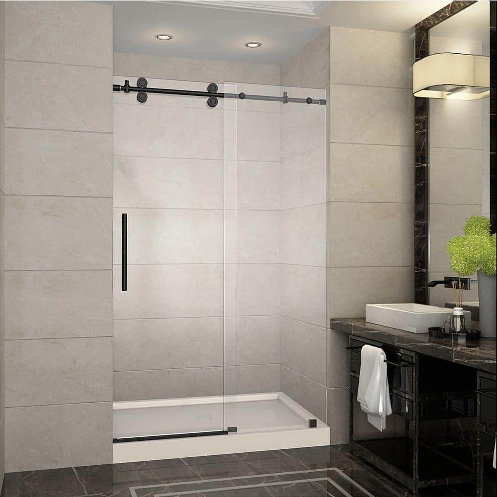 Langham 48 in. x 77.5 in. Completely Frameless Sliding Shower Door in Oil Rubbed Bronze with Center Base price history on PriceWatchPro