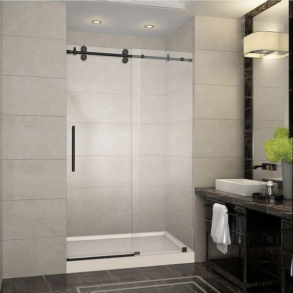 Aston Langham 48 in. x 77.5 in. Completely Frameless Sliding Shower Door in Oil Rubbed Bronze with Center Base