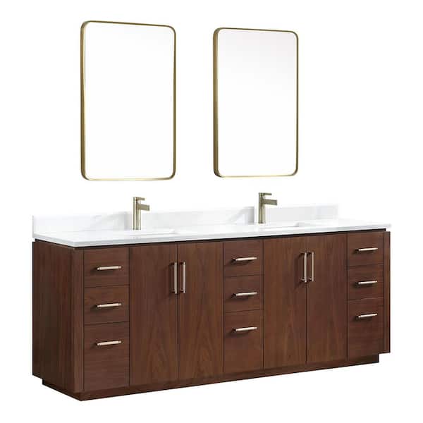 San 84 in.W x 22 in.D x 33.8 in.H Double Sink Bath Vanity in Natural Walnut with White Composite Stone Top and Mirror