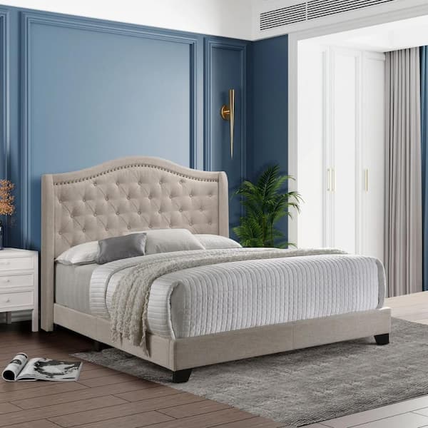 Benjara Beige Fabric Upholstered Wooden Framed Button Tufted Queen Size Platform Bed with Camel Back