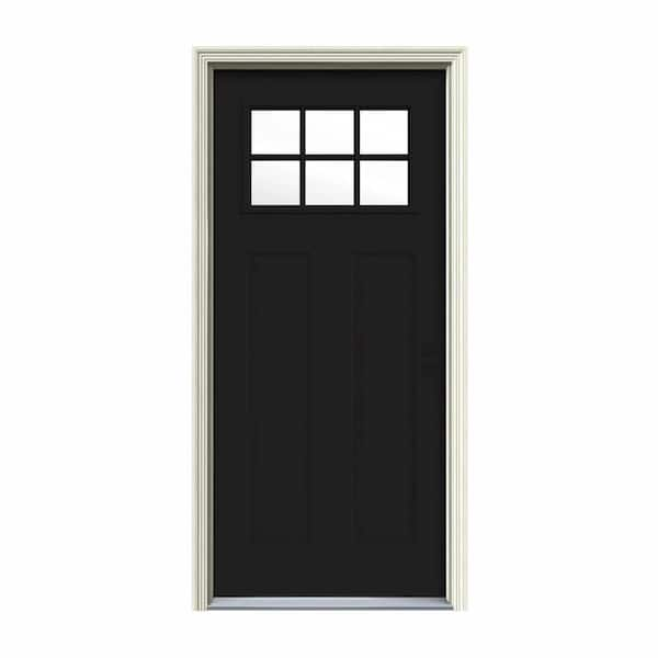 JELD-WEN 32 in. x 80 in. 6 Lite Craftsman Black w/White Interior Steel Prehung Left-Hand Inswing Front Door w/Brickmould