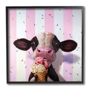 "Cute Baby Cow with Ice Cream Cone Pink Stripes" by Lucia Heffernan Framed Animal Wall Art Print 12 in. x 12 in.