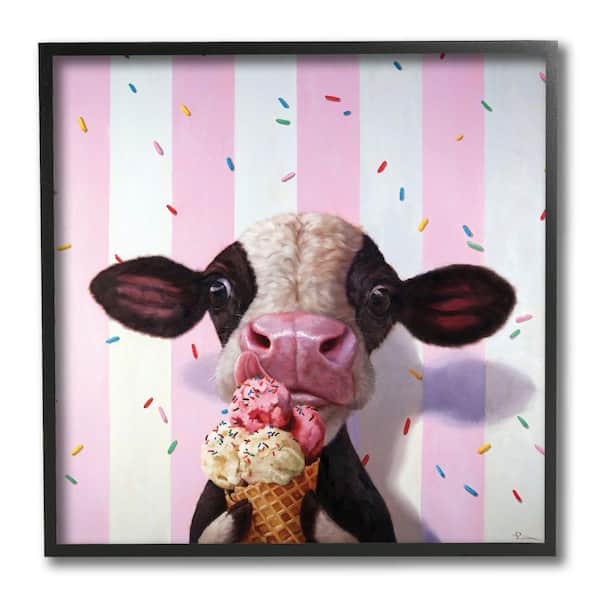 Stupell Industries "Cute Baby Cow with Ice Cream Cone Pink Stripes" by Lucia Heffernan Framed Animal Wall Art Print 12 in. x 12 in.