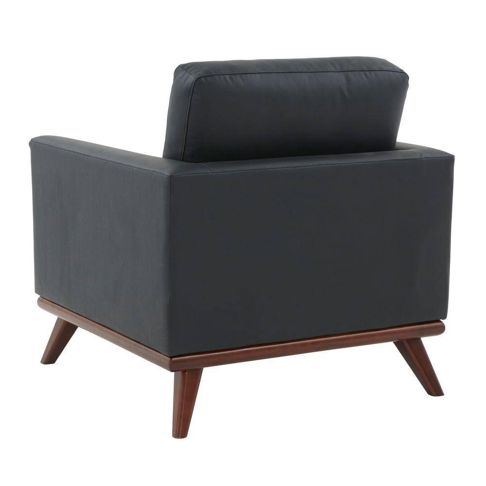 Rear view of a black leather accent arm chair on a white background.