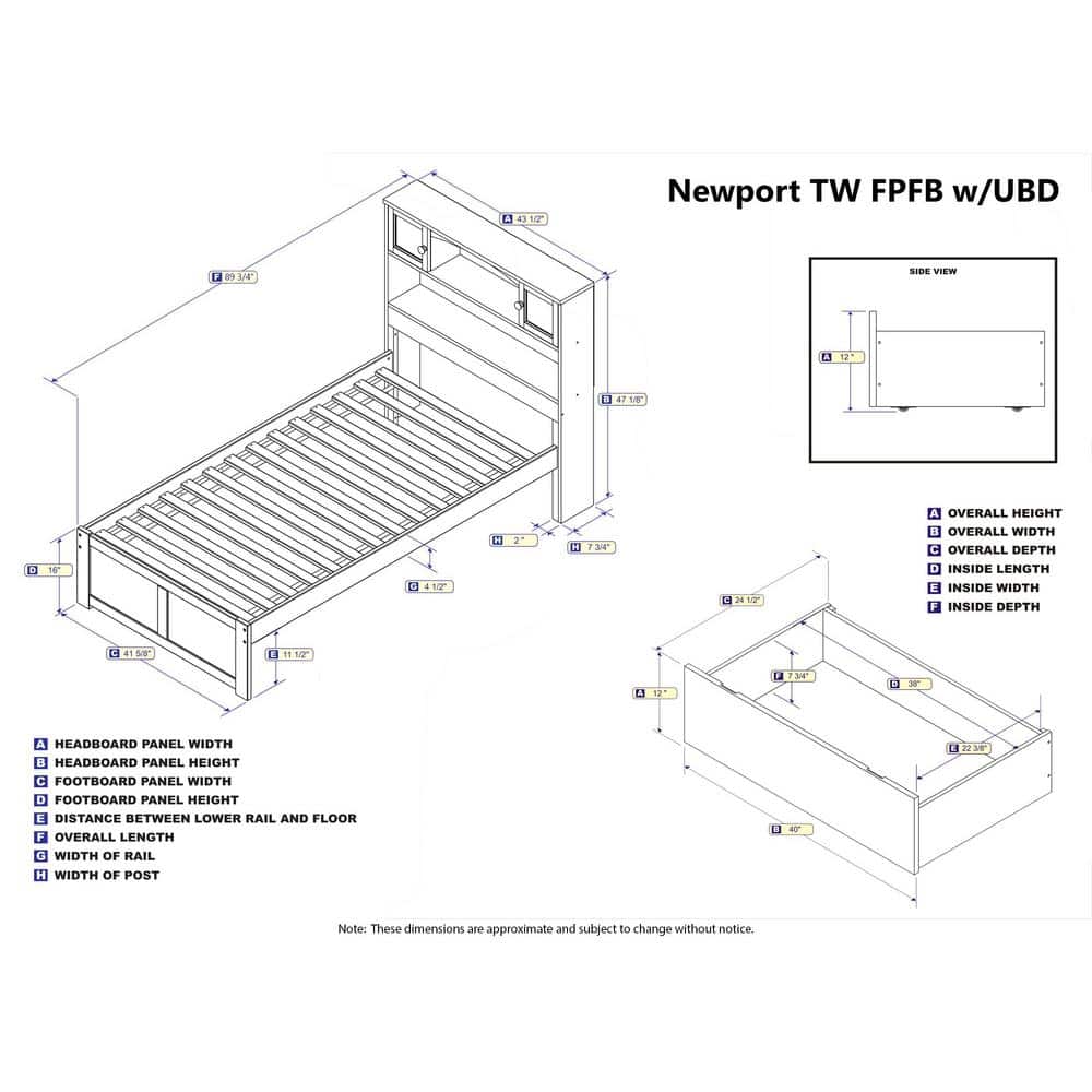 Newport Walnut Twin Platform Bed with Bookcase Headboard and Storage Drawers