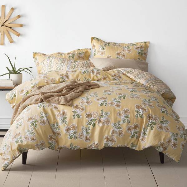 The Company Store Ashby Yellow Floral Linen Queen Flat Sheet 50321a Q Ylw Floral The Home Depot