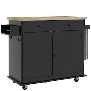 Black Wood 45 in. Kitchen Island-Rolling Kitchen Island w/ Drawer, Shelves, Rubberwood Top, Hooks, Spice and Towel Rack