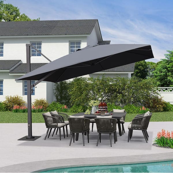 PURPLE LEAF 12 ft. Square Aluminum Large Outdoor Cantilever 360-DegreeRotation Patio Umbrella with Base Plate, Gray