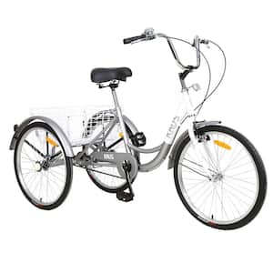 Adult Tricycle Trikes, 3-Wheel Bikes, 26 in. Wheels Cruiser Bicycles with Large Shopping Basket, Silver