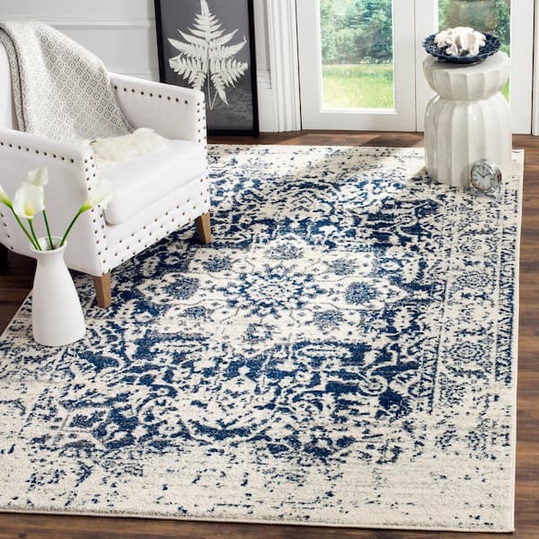 Madison Cream/Navy 8 ft. x 10 ft. Distressed Border Area Rug