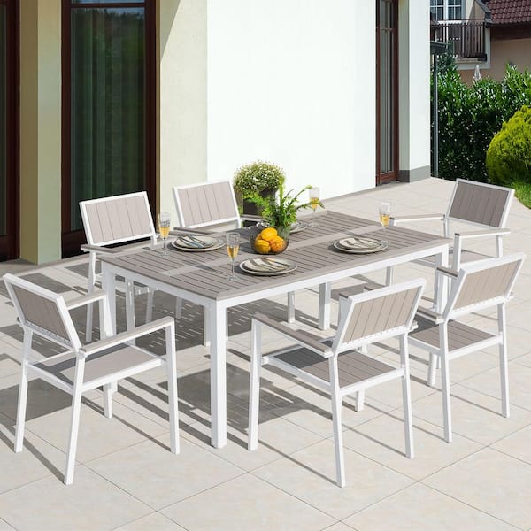 Light Brown 7-Piece Faux Wood and Metal Rectangle Outdoor Dining Set with Umbrella Hole and Stackable Design