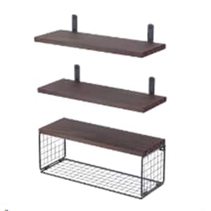 16.5 in. W x 5.50 in. H x 6 in. D Pine Wood Rectangular Floating Bathroom Wall Shelves with Wire Basket in Rustic Brown