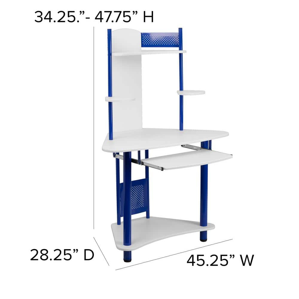 Compact Blue and White Corner Computer Desk with Integrated Hutch