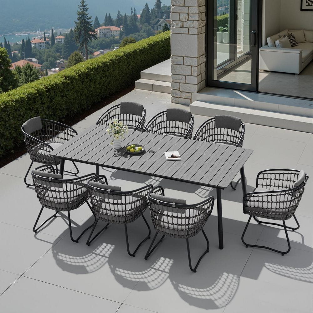 9-Piece Gray Aluminum Frame WPC Table Outdoor Dining Set with Gray Thick Cushion PE Wicker Chair For Backyard Patio price history on PriceWatchPro