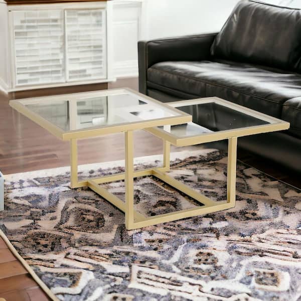 HomeRoots 43 in. Gold Square Glass Coffee Table with Shelves Storage ...