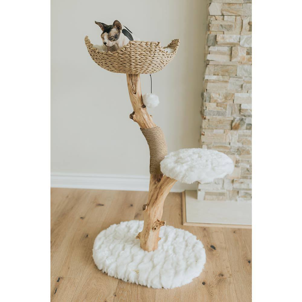 Alpine White Wooden Cat Tree with Wicker Basket