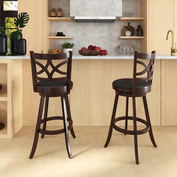 Costway 29 in. Brown High Back Wood Swivel Bar Stool Counter Stool with Faux Leather Seat (Set of 2)